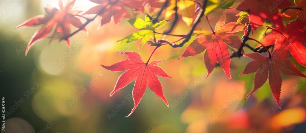 Poster vibrant close-up of red maple leaves illuminated by soft sunlight with blurred green background and 