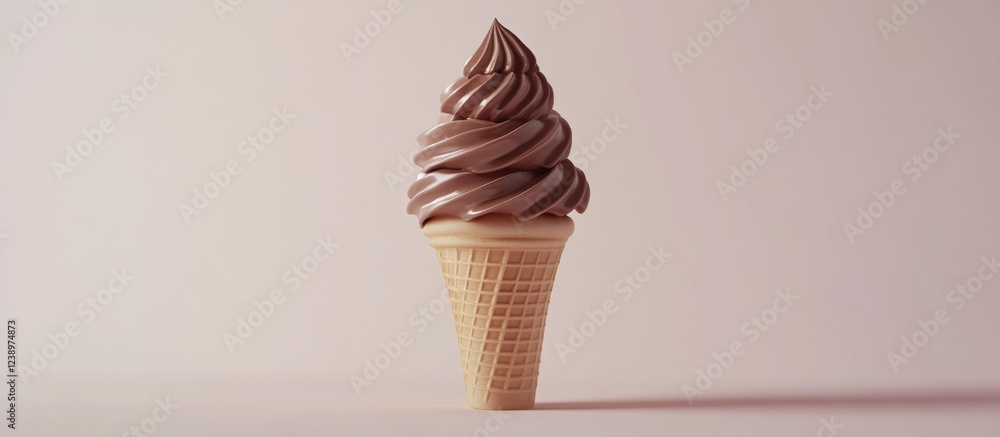 Aufkleber Chocolate soft-serve ice cream in a waffle cone on a plain background with ample copy space for text