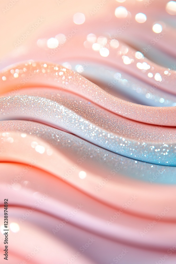 Poster curving wave patterns blend pastel pinks and blues, creating an enchanting and dynamic design. the g
