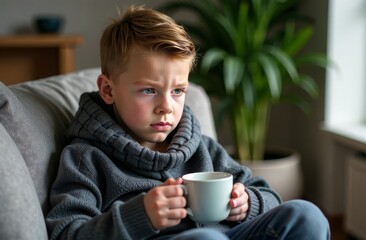 A little boy in a warm knitted sweater is sitting in an armchair, angry, holding a mug of warming tea in his hands. Mild cold, treatment at home