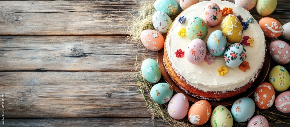 Poster easter cake with colorful decorated eggs on wooden table with copy space for text