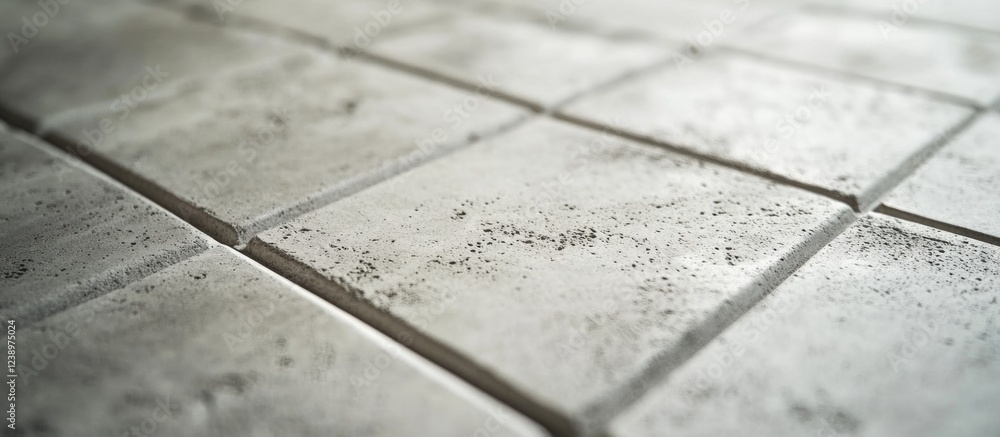 Aufkleber Close-up view of textured gray concrete floor tiles with visible imperfections and grout lines suitable for architectural backgrounds Copy Space