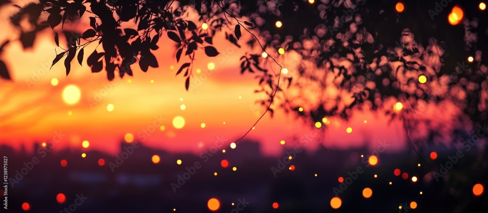 Poster Sunset view with soft bokeh lights and silhouette of leaves framing warm sky colors in gradient Copy Space