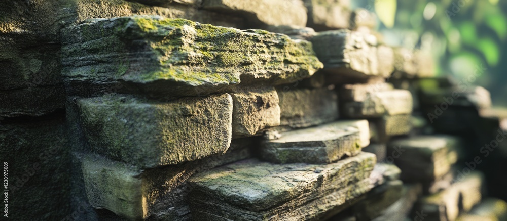 Poster textured stone wall with moss and greenery in natural light showcasing layers and details of old mas