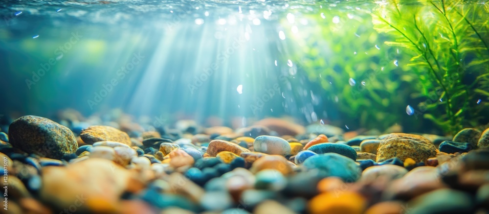 Aufkleber Underwater view of smooth colorful stones with sunlight rays filtering through water and aquatic plants in a natural environment Copy Space