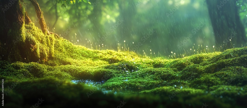 Poster Lush green moss-covered forest floor with soft sunlight filtering through trees and gentle rain creating a serene atmosphere Copy Space