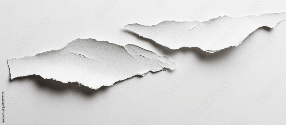Aufkleber Torn white paper pieces on a light background with visible texture and overhead lighting suitable for background or design use