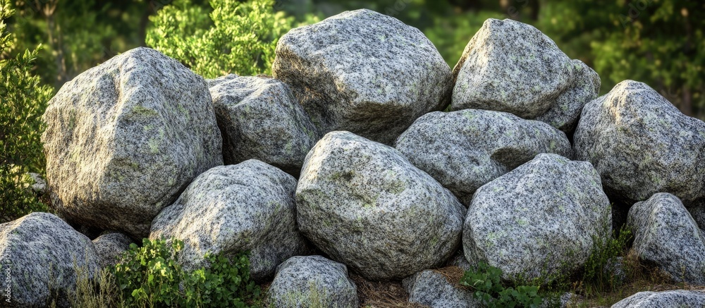 Poster granite boulders arranged in a natural outdoor setting surrounded by greenery with soft light and cl