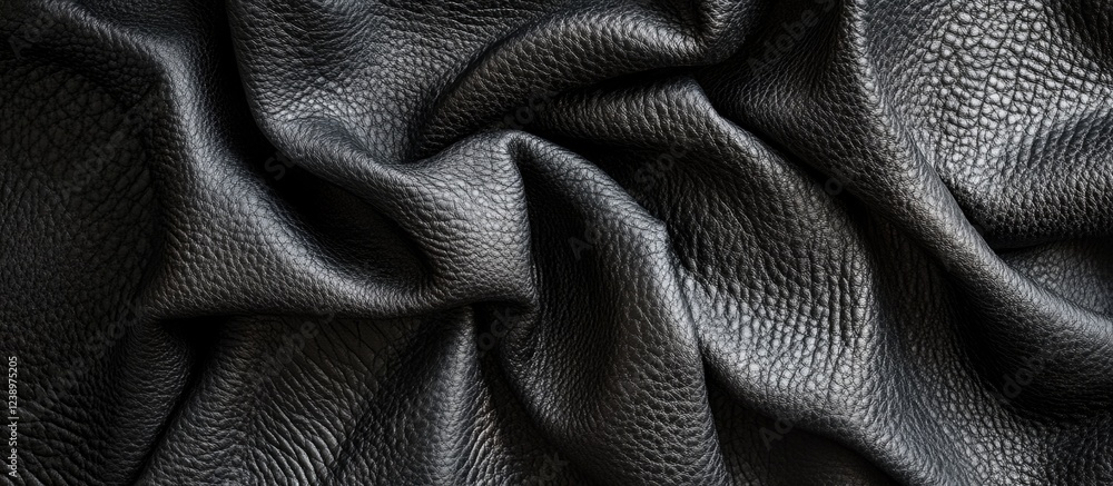 Poster close-up of textured black leather fabric with folds and creases suitable for background or textile 