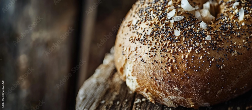 Poster freshly baked bagel with poppy seeds and sea salt on a wooden surface with rustic background and cop