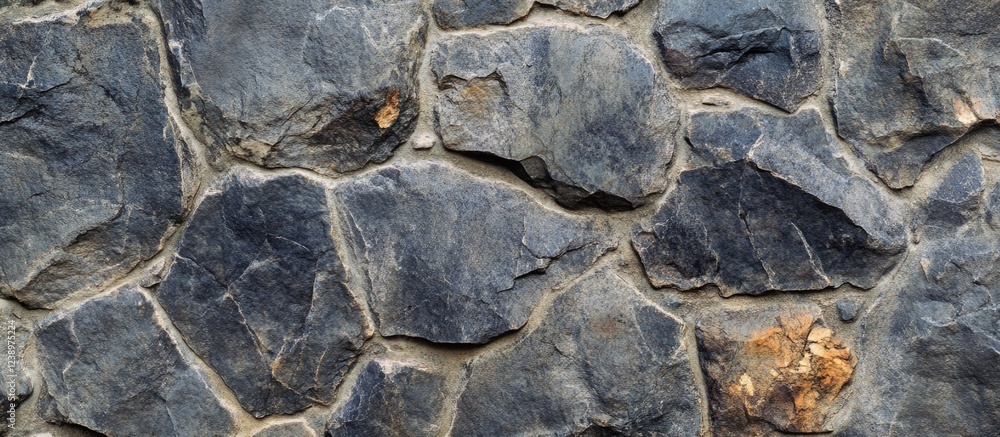 Poster natural stone wall texture with varied dark gray and brown stones suitable for backgrounds and desig