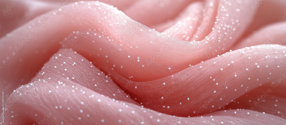 Poster Close-up of soft pink fabric with shimmering white details flowing elegantly, featuring delicate textures and patterns, ideal for background use.