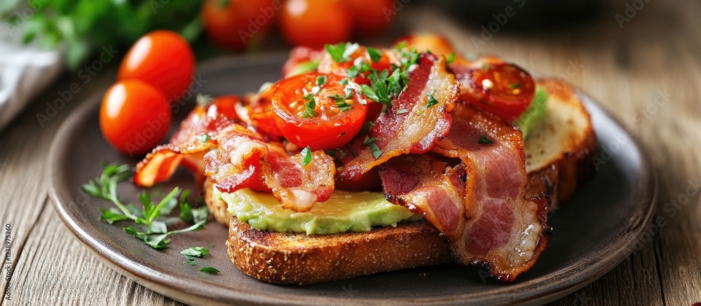 Poster bacon and tomato avocado toast on whole grain bread garnished with parsley and cherry tomatoes on wo