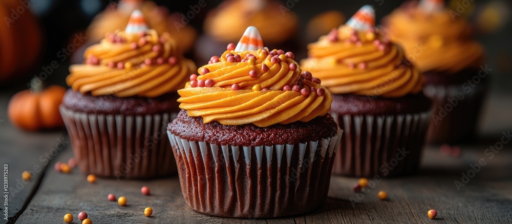 Poster chocolate cupcakes with orange buttercream frosting and candy corn decorations on a rustic wooden su