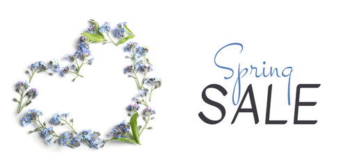 Spring Sale flyer design with beautiful flowers on white background, top view. Seasonal discount