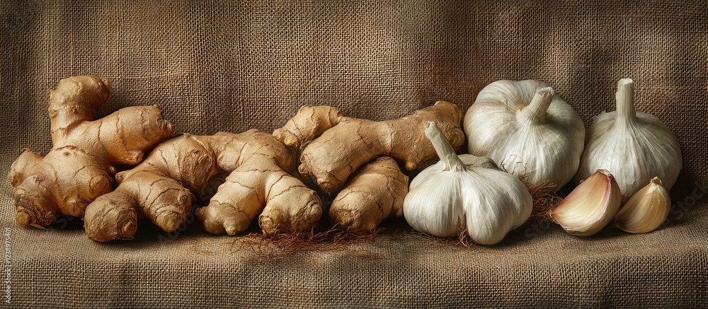 Poster fresh ginger roots and garlic bulbs arranged on burlap background with soft lighting showcasing natu