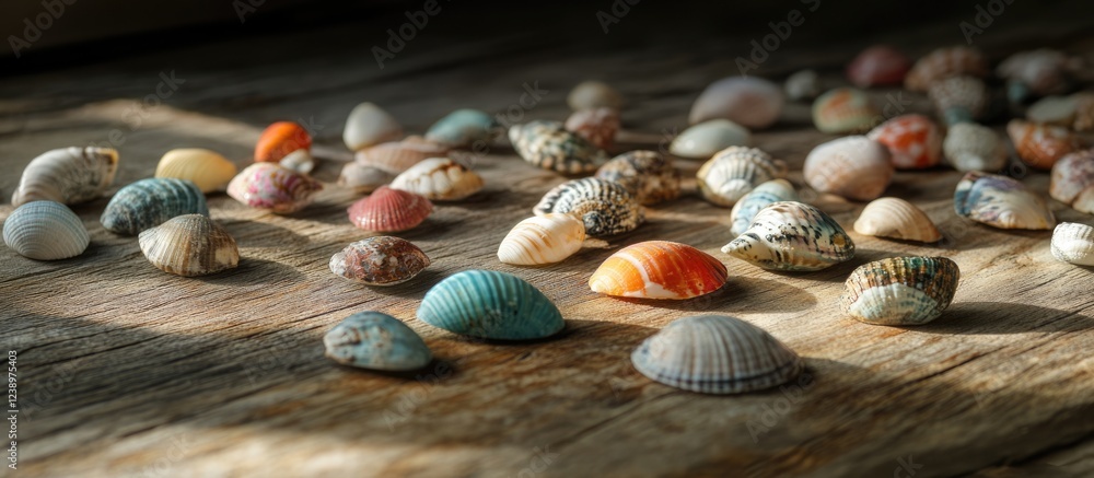 Aufkleber Colorful seashells scattered on wooden table surface with soft natural light creating shadows and highlights. Copy Space.