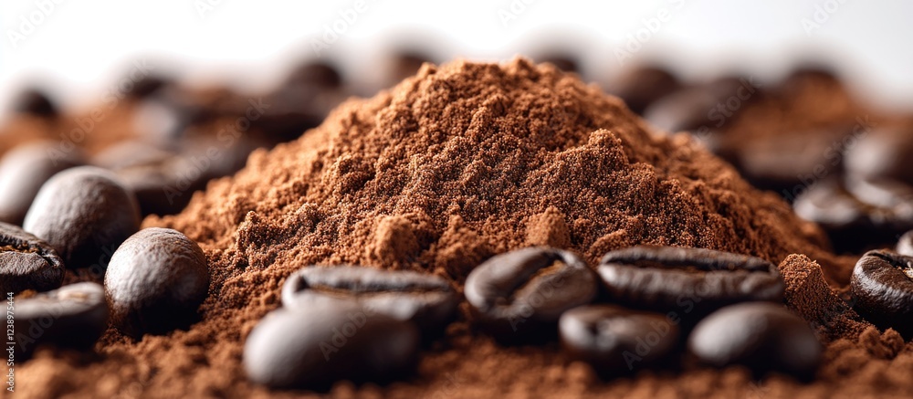 Poster ground coffee powder with coffee beans on a light background macro shot suitable for food and bevera