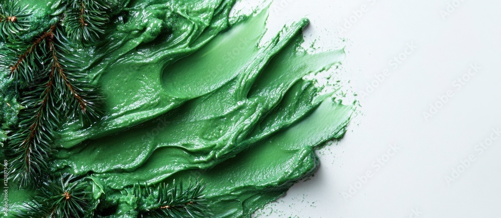 Poster Green paint texture with pine branches on white background and ample copy space for text placement