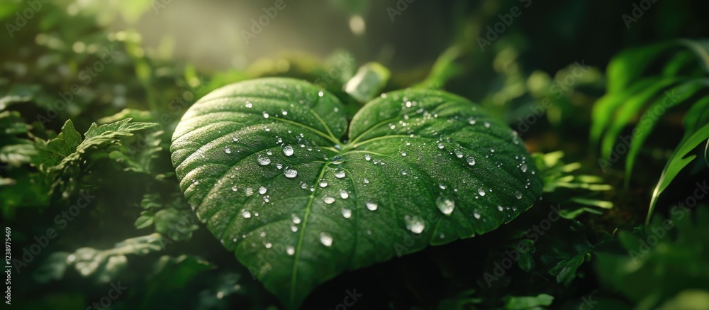 Aufkleber close-up of heart-shaped green leaf with water droplets on surface surrounded by lush greenery and s