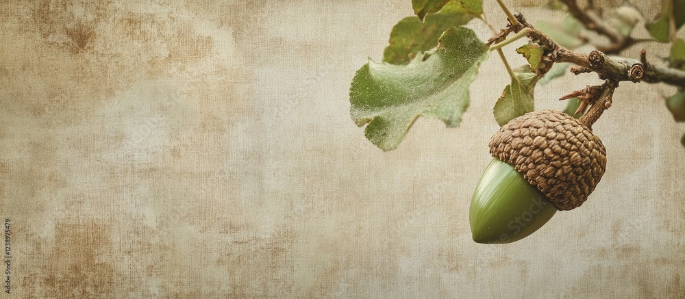 Aufkleber Acorn hanging from an oak tree branch with textured background and room for text Copy Space