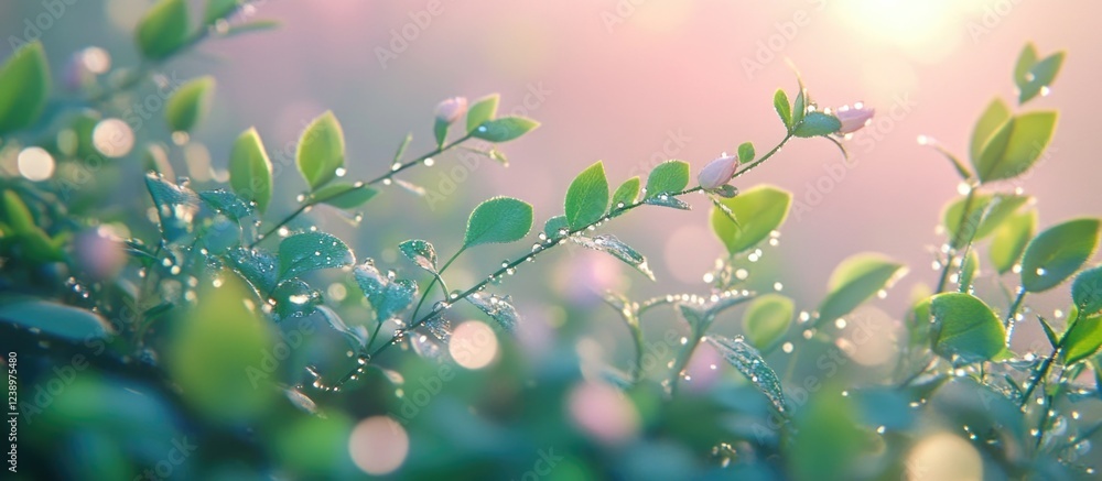 Poster morning dew on green leaves and buds with soft natural lighting and bokeh effect in the background c