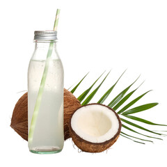 A bottle of fresh coconut water with a straw on a transparent background