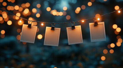 strings of fairy lights, with Polaroid style blank photos clipped to the string