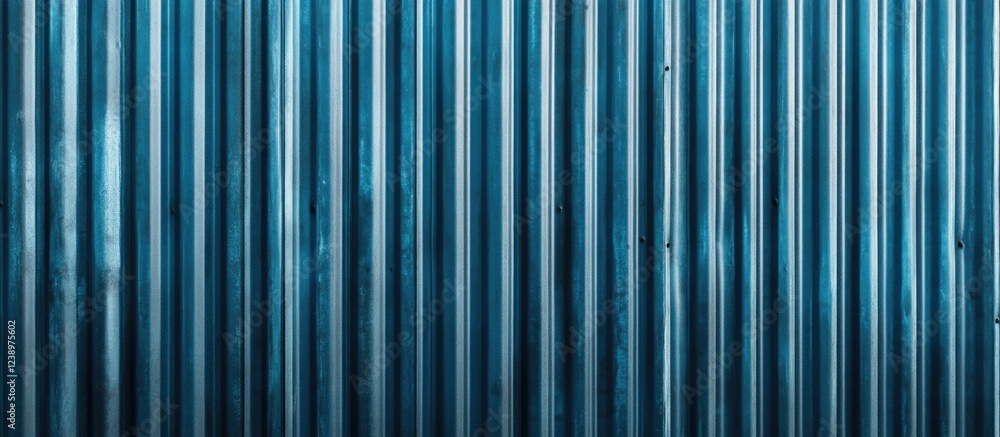 Poster Textured metallic wall with vertical blue corrugated panels and reflective surface suitable for backgrounds and design projects Copy Space