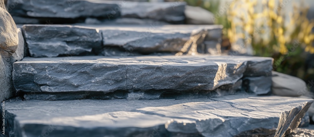 Poster Stone steps with uneven surfaces in a garden setting showcasing textured rock layers and greenery in the background Copy Space
