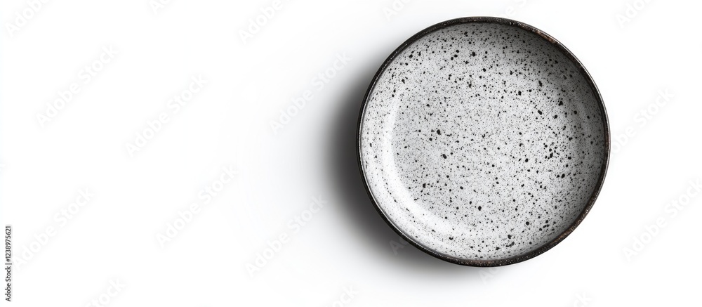 Poster ceramic plate with speckled design on white background with copy space for text.