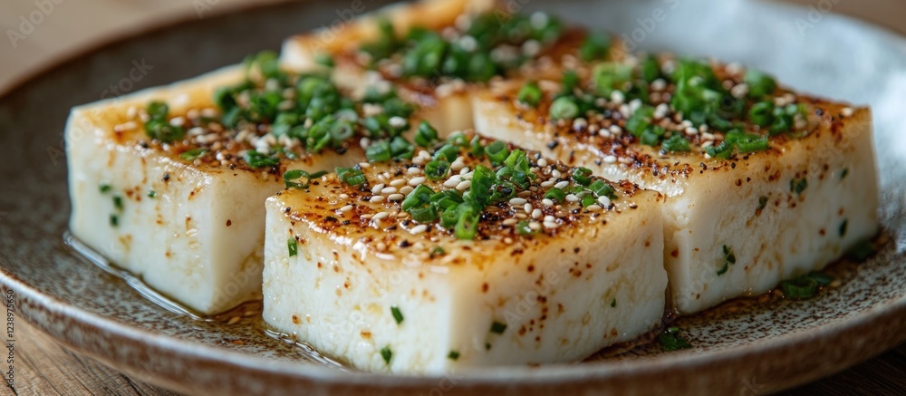 Poster cooked tofu cubes garnished with chopped green onions and sesame seeds on a rustic plate with a wood