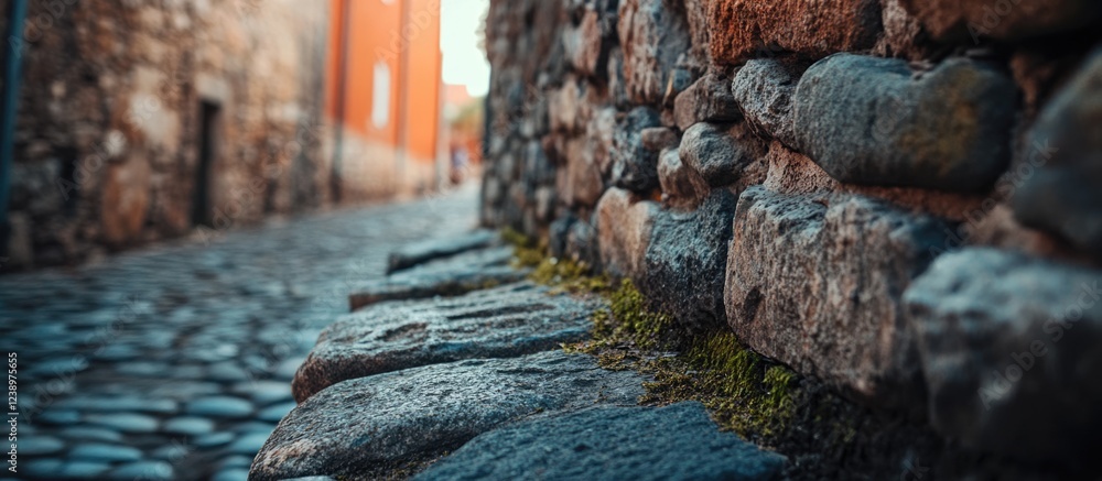 Poster stone wall along a cobblestone street with moss growing on the edge and blurred buildings in the bac