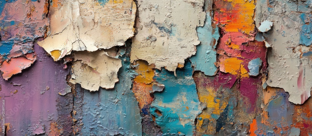 Poster Colorful Peeling Paint Texture on Weathered Surface with Abstract Patterns and Copy Space