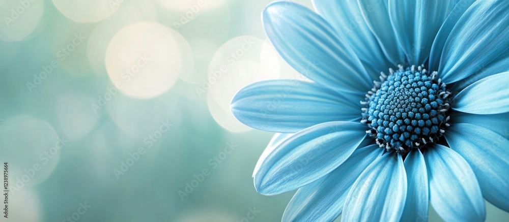 Poster blue flower with detailed petals and center against a blurred bokeh green background with copy space