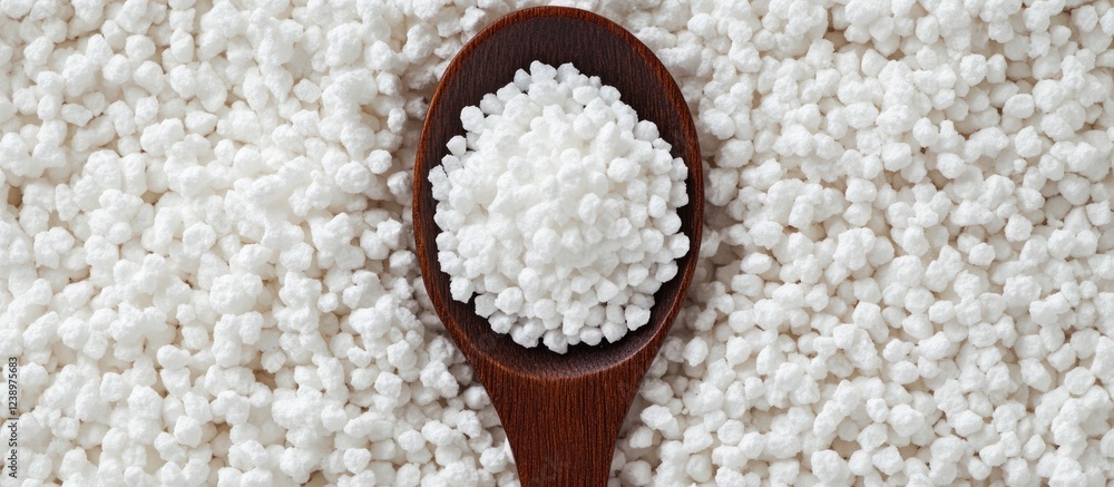 Poster wooden spoon filled with coarse white salt on a bed of granulated salt background with ample copy sp