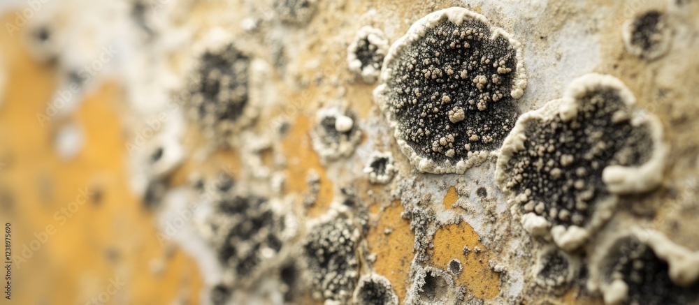 Poster close-up of textured wall with orange and black mold growth patterns detailed macro photography with