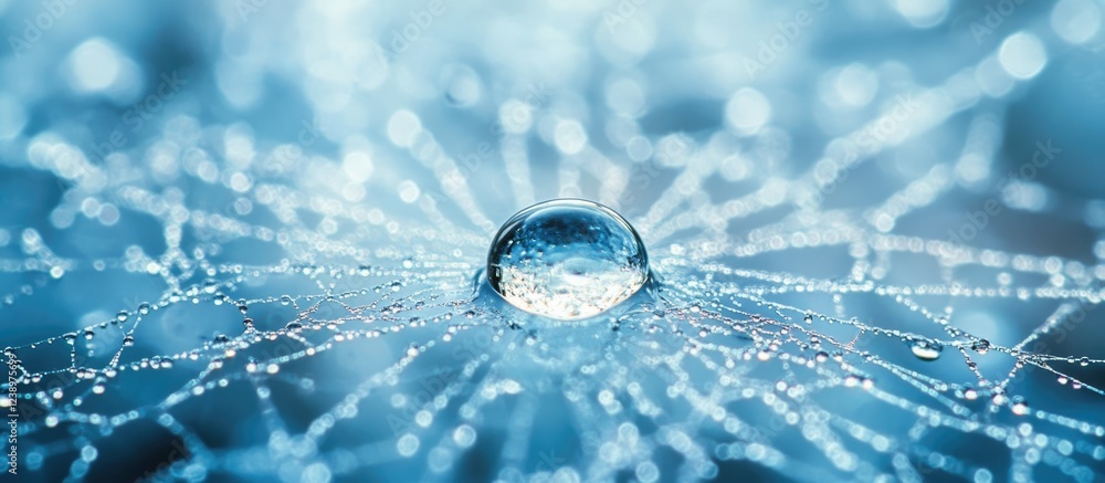 Aufkleber Macro shot of a water droplet on a spider web with a blurred blue background and intricate water droplets creating bokeh effect Copy Space