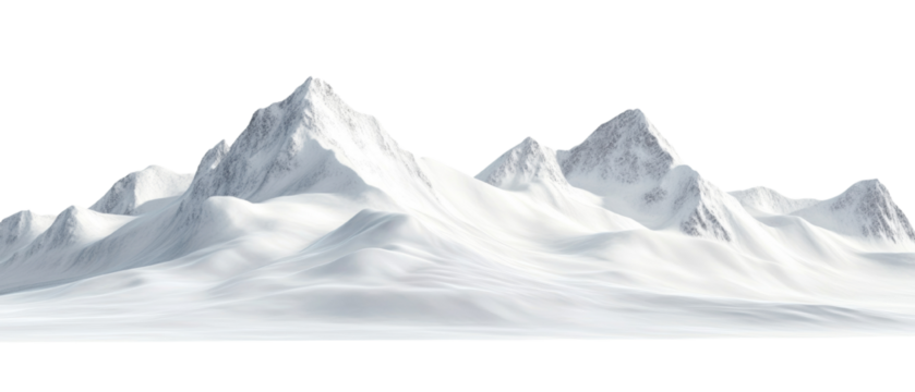 A digitally rendered image showcasing a pristine snow-covered mountain range against a black background.