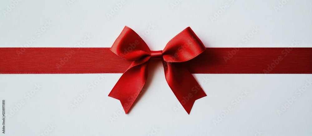 Poster Red ribbon bow on textured white background with copy space for text placement