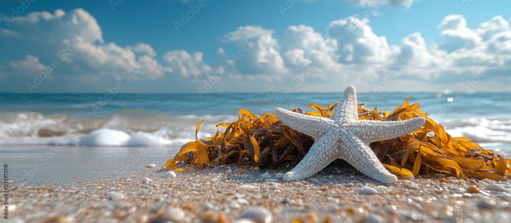 Poster starfish on sandy beach with seaweed surrounded by gentle waves and blue sky with clouds copy space