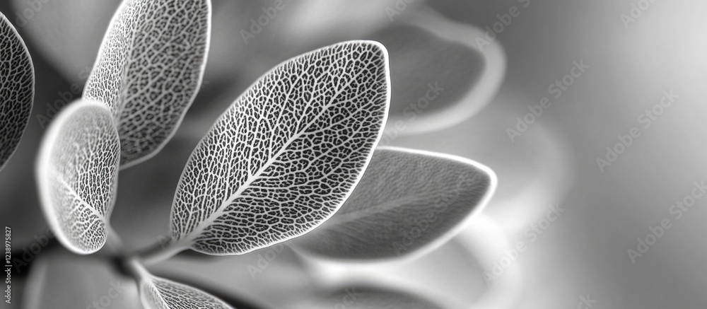 Poster Close-up view of delicate plant leaves in monochrome with detailed vein patterns and soft blurred background Copy Space