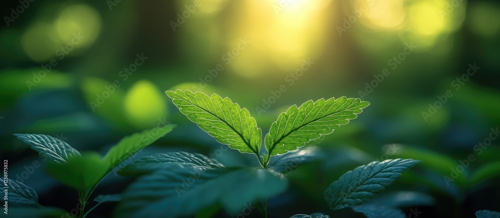 Poster Vibrant green leaves with sunlight filtering through trees in a forest setting nature background with copy space for text