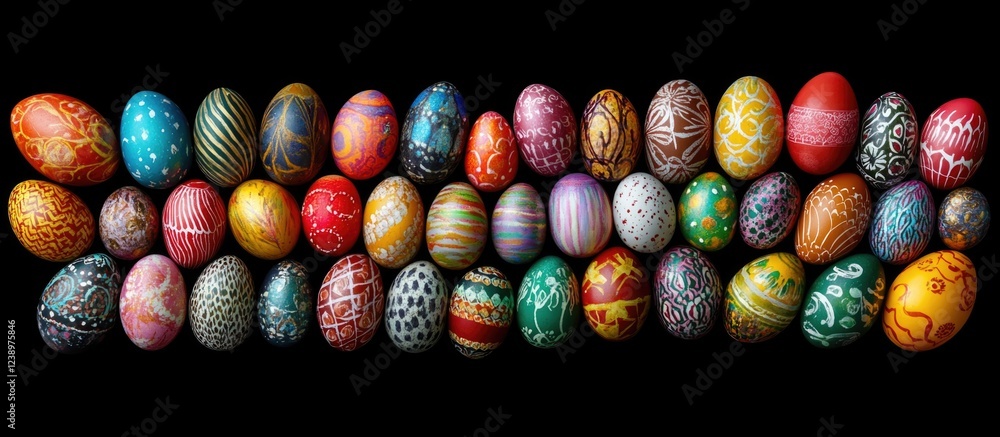 Poster Colorful decorated Easter eggs arranged in a row on a black background with copy space for text