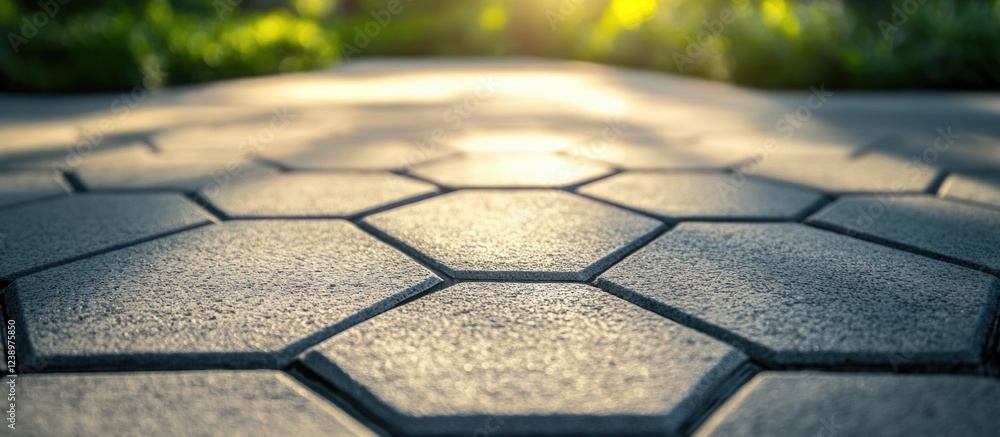 Aufkleber Close-up view of hexagonal patterned paving stones with sunlight illuminating the scene and greenery in the background Copy Space