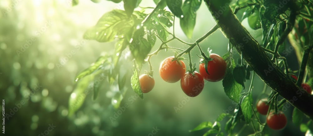 Poster fresh ripe tomatoes on a vine surrounded by green leaves with soft natural lighting and blurred back