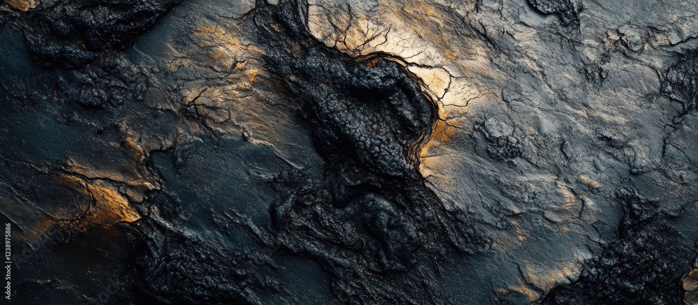 Aufkleber Abstract textured surface resembling dark volcanic rock with golden highlights and intricate patterns Copy Space