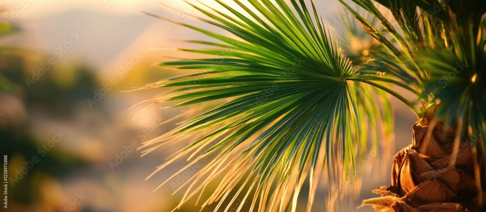 Aufkleber Close-up of palm tree leaves with sunlight highlighting textures and details in a natural setting with blurred background and copy space
