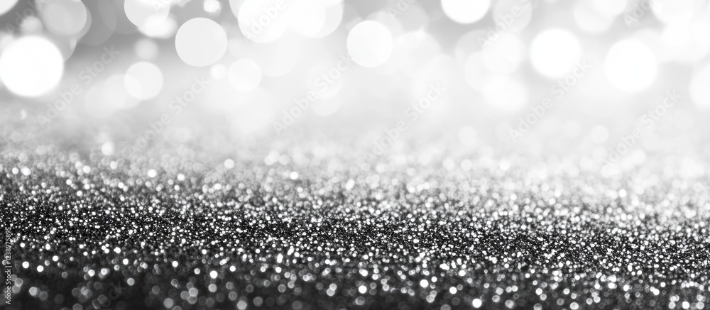 Poster Shimmering silver glitter background with out-of-focus white bokeh lights and soft texture for creative designs Copy Space