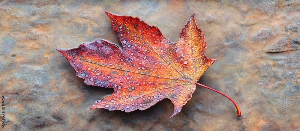 Poster colorful autumn maple leaf with droplets of water on a textured stone background detailed close-up w
